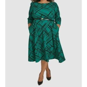 Calvin Klein Womens 16W Green & Black Geometric Print Dress With Belt 3/4 Sleeve